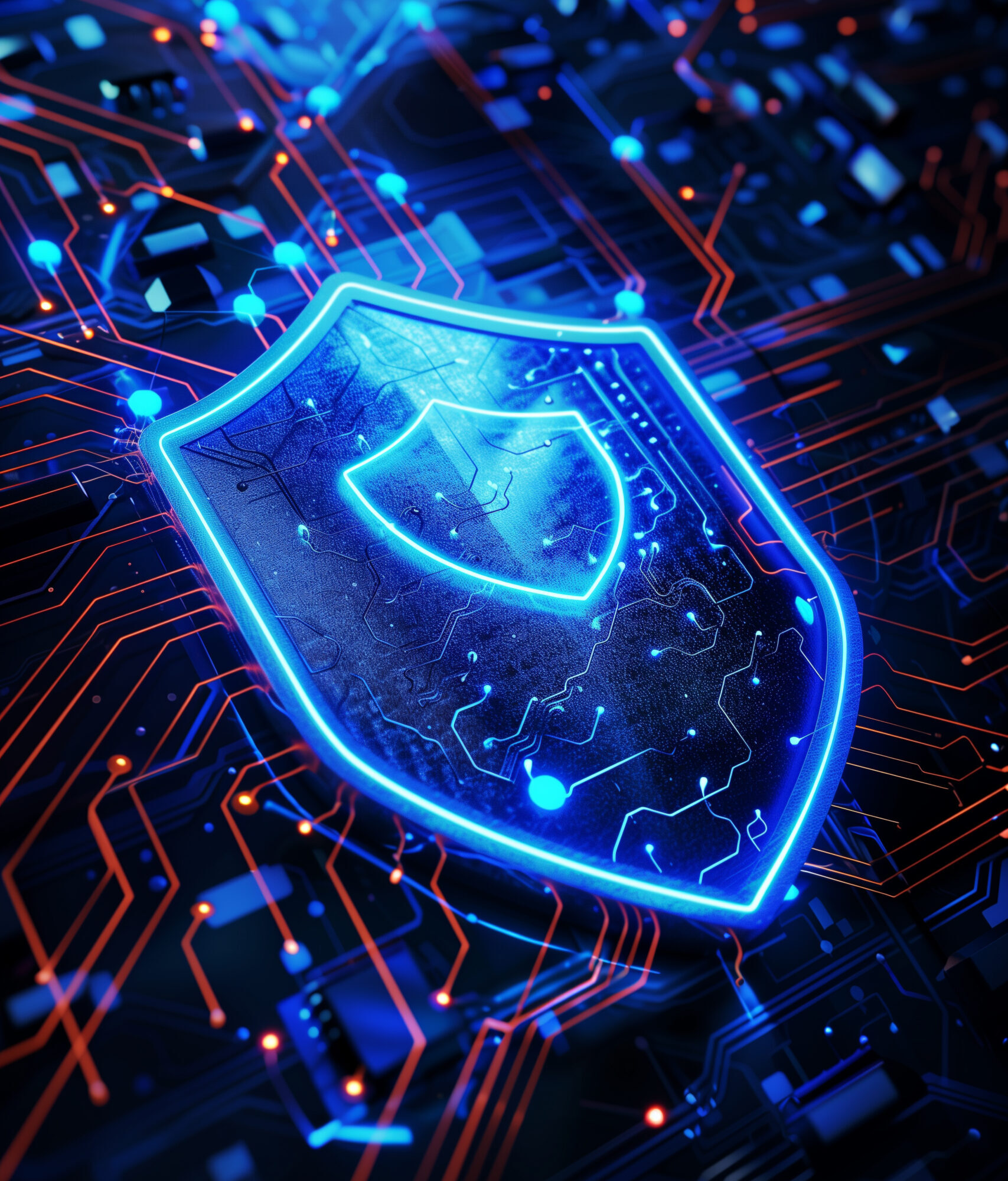 3D illustration of a blue shield icon with glowing neon lights on it, surrounded by circuit patterns and digital elements in the background, cyber security concept, high resolution photography, insanely detailed, fine details, isolated plain, stock photo, professional color grading, clean sharp focus. --ar 2:3 Job ID: e42f5550-aa87-4f82-8643-c969eb2a2df8